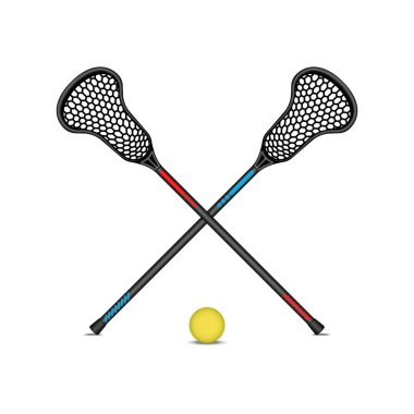 Beyaz arka planda izole edilmiş iki siyah lakros sopası ve sarı top gerçekçi 3D vektör, yarışma posteri veya afişi için lakros spor ekipmanları..