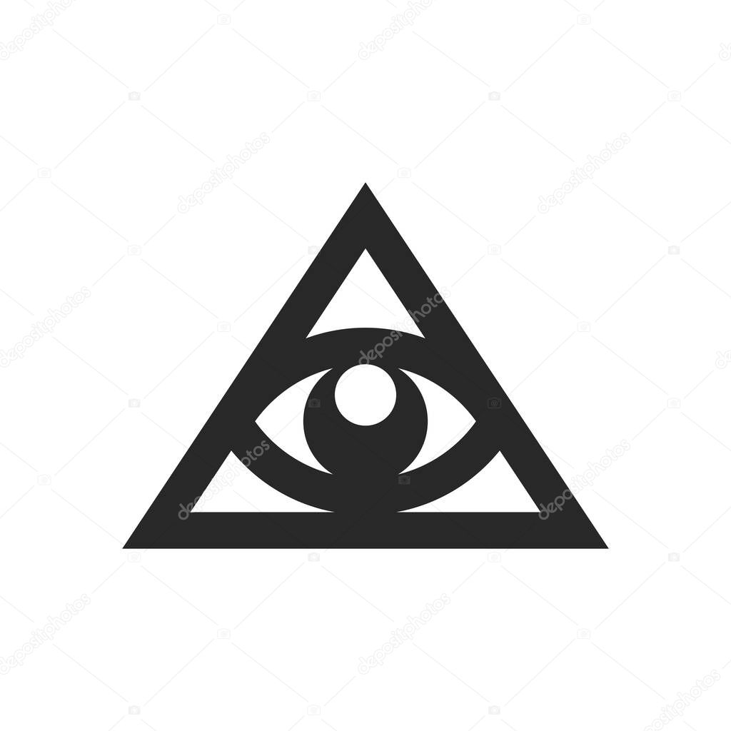 Mystical triangle eye logo with modern black and white negative space flat design, triangular geometric shapes and abstract sacred for esoteric, spiritual, vision branding.