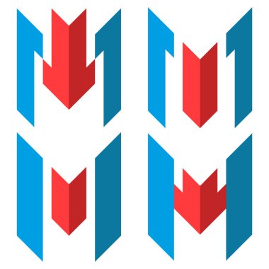 Yukarı ve aşağı doğru okları olan soyut M harfi logosu finansal büyüme, ticaret riskleri, piyasa dengesizliği, bankacılık performansı ve minimum 3d geometrik tarzda yatırım hareketini yansıtıyor.