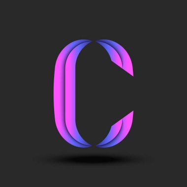 Kağıt üzerinde pembe-mavi neon gradyan ile parlayan C harfi logosu koyu arkaplan üzerinde fütüristik stil, yaratıcı 3D alfabe sembolü, tipografi işareti vektör modeli, amblem tasarım şablonu.