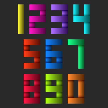 Koyu arkaplan, canlı modern tasarım, cesur dijital tipografi posterler, afişler veya eğitim için minimal tarz 0 ile 9 arasında değişen renkli geometrik sayılar.