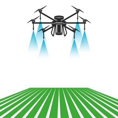 Yeşil alan vektörü asgari illüstrasyon, yenilikçi tarım, çevre dostu ekin bakımı, optimizasyon ve ürün büyümesini izleme üzerine su veya böcek ilacı püskürten akıllı tarım aracı..