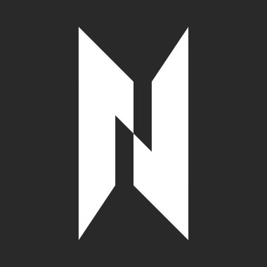 Modern harf N monogram geometrik logo tasarımı keskin açıları ve negatif alanı olan koyu siyah ve beyaz kontrast, markalaşma için mükemmel, kimlik minimal tarzı.