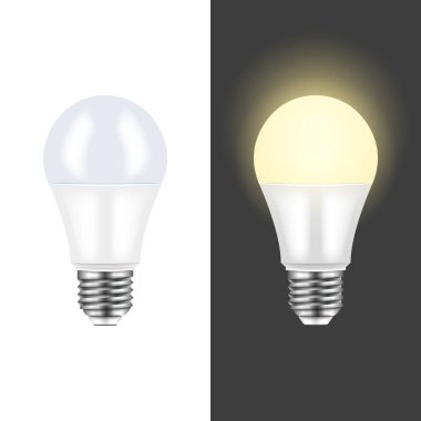 Gerçekçi LED ampul çizimi sıcak parlamayı ve 3d vektör modelini kapatmayı gösteriyor. İzole edilmiş beyaz arka plan, elektrik, yenilik ve çevre dostu ışıklandırma için enerji tasarrufu kavramı..