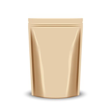 Gerçekçi boş kahverengi kraft kağıt stand-up çanta zip kilidi modelleme 3d vektör beyaz ön görünüm, ürün doydoypack şablonu, sürdürülebilir gıda ve atıştırmalık içinde eko-dost tasarım gösteren.