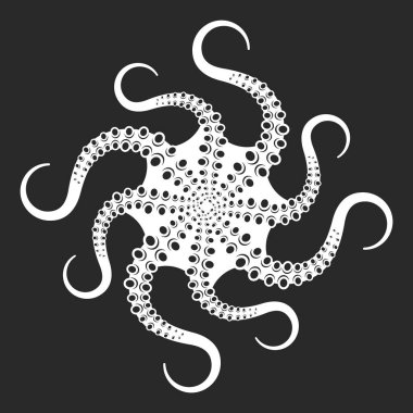Soyut spiral ahtapot dokunaçları siyah ve beyaz logo şeklinde alt görünüm çizimleri, simetrik desenli gizemli deniz yaratığı tasarımı, fantezi ilhamı, deniz sembolü, sürreal dövme.