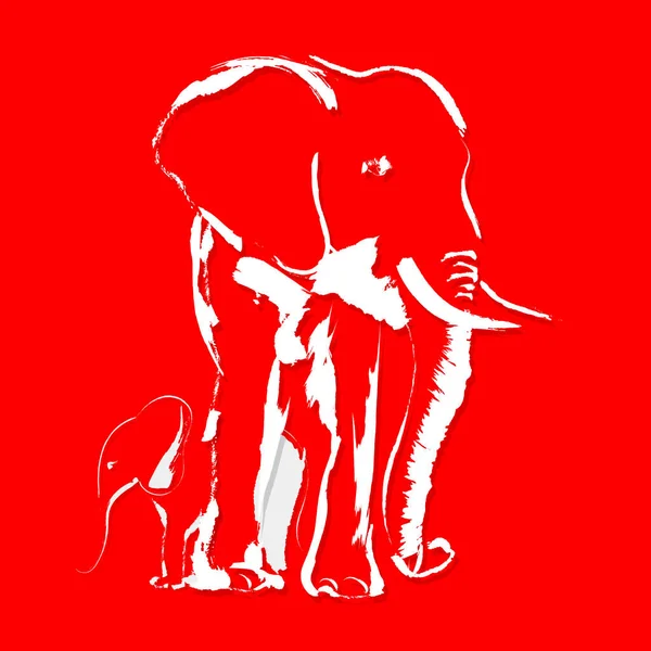 象の家族 赤い背景の上のストロークアートスタイル — ストック写真