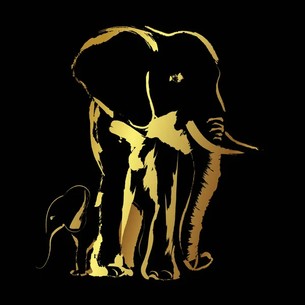 Golden border Elephant family Brushstroke art style over black background.