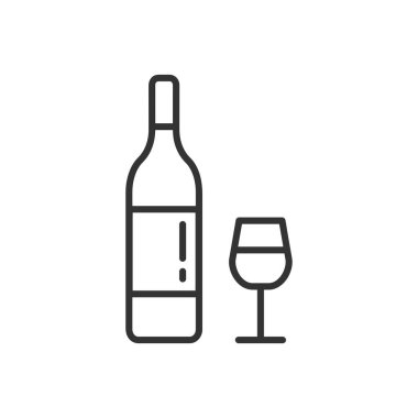 Bir bardak ve bir şişe şarap. Düzenlenebilir felçli bir çizgi ikonu. Taslak sembol. Vektör illüstrasyonu beyaz arkaplanda izole edildi.