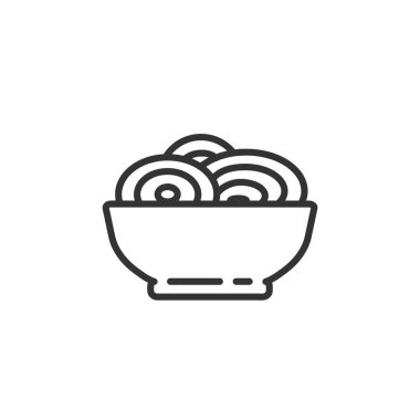 Makarna, makarna kasesi, düzenlenebilir vuruşlu çizgi ikonu. Ana yemek sembolü. Gıda vektörü çizimi beyaz arkaplanda izole edildi.