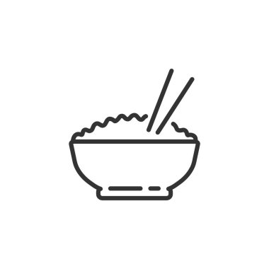Bir kase pirinç, düzenlenebilir vuruşlu çizgi ikonu. Ana yemek sembolü. Beyaz arka planda izole edilmiş Asya gıda vektörü çizimi.