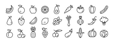 Meyveler ve sebzeler, düzeltilebilir inme ile çizgi ikonu. Sağlıklı vejetaryen yemek ikonları. Basit bir yemek koleksiyonu. Vektör illüstrasyonu.