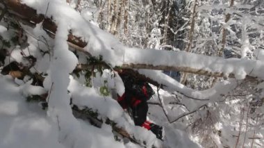 Sırt çantalı bir adam kış yürüyüşünde önündeki bir engelin üstesinden gelir.. 