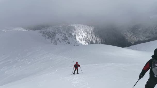 冬のハイキングで山から森へと降り立つハイカー — ストック動画