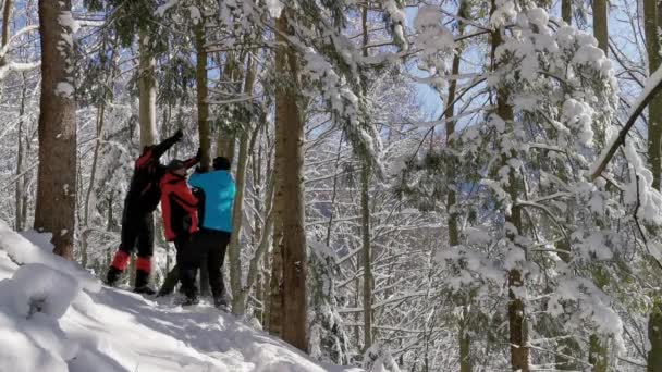 Amici Che Spalano Neve Durante Escursione Invernale — Video Stock