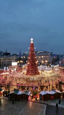 Ukrayna, Kiev 'deki Sofievskaya Meydanı' nda Noel festivali ve Noel ağacı. Dikey Video