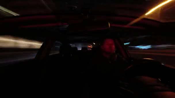 Man Driving Car Night Hyperlapse Traces Headlights Stop Lights Cars — Stock Video