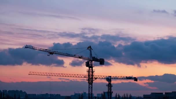 Stationary Construction Cranes Backdrop Moving Clouds Sunset Concept Video Crisis — Vídeo de Stock