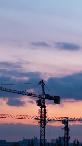 Stationary Construction Cranes Backdrop Moving Clouds Sunset Concept Video Crisis — Vídeo de stock
