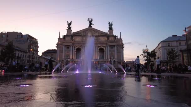 Air Mancur Kota Depan Rumah Opera Lviv Pada Malam Hari — Stok Video