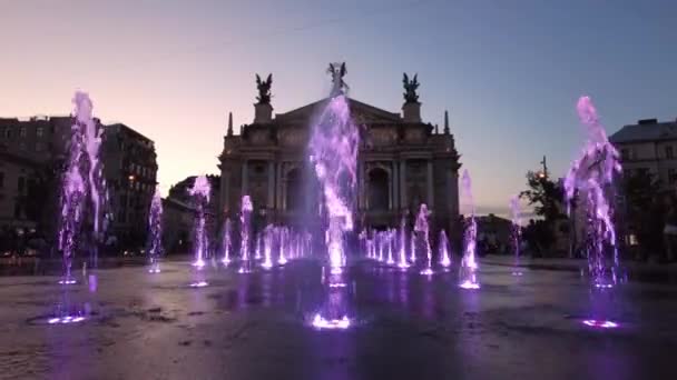 明亮的夜晚 利沃夫歌剧院和城市喷泉 — 图库视频影像