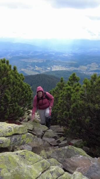 Eine Frau Klettert Beim Wandern Den Bergen Auf Die Steine — Stockvideo