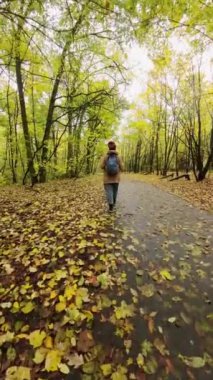 Sonbahar ormanında yürüyüş yapan bir kadın. Dikey Video