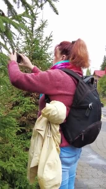 背着背包的女人给当地的周围环境拍照 — 图库视频影像