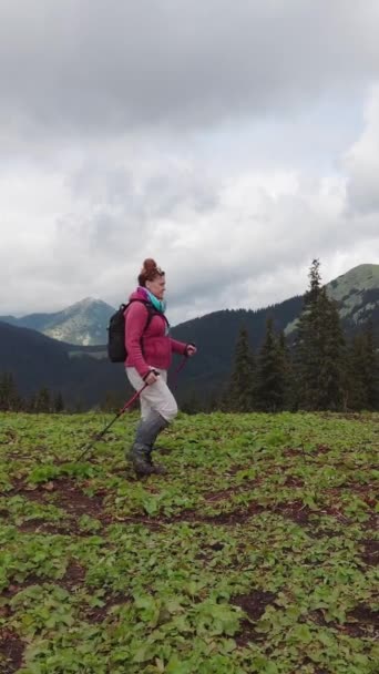 Hombre Una Mujer Están Viaje Senderismo Frente Paisaje Montaña — Vídeos de Stock