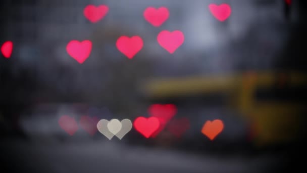Cityscape Blurred Traffic Lights Cars Shape Hearts Eve Valentine Day — Stock Video