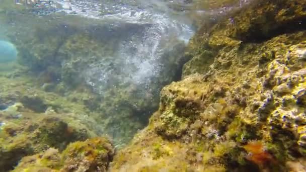 Φυσαλίδες Αέρα Στο Νερό Εμφανίζονται Λόγω Του Surf Της Βραχώδους — Αρχείο Βίντεο