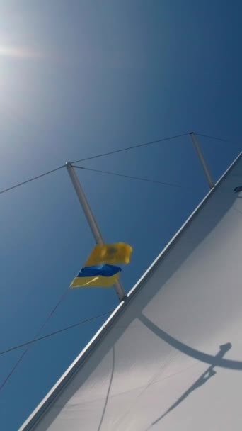 Яхта Плывет Фоне Голубого Неба Солнца Вид Снизу Вверх Вертикальное — стоковое видео