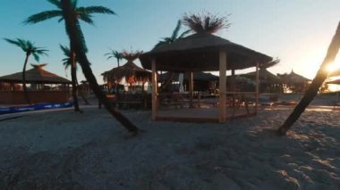 Güneşli bir yaz sabahında, sahilde palmiye ağaçları olan bir kafe.