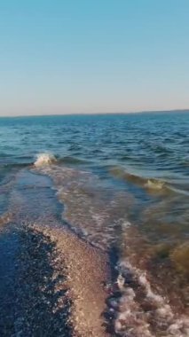 Kinburn Spit 'in kenarı, Ukrayna. Sağda Dinyeper-Buzhsky Estuary 'nin tatlı suyu, solda Karadeniz' in tuzlu suyu var. Dikey Video