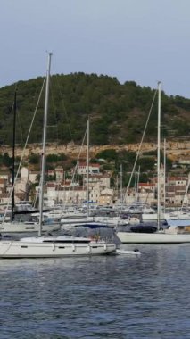 Hırvat adalarından birindeki marinada yatlar. Dikey Video