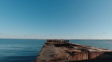 Terk edilmiş beton mavna Kinburn Spit, Ukrayna 'nın kıyısındaki bir kumsalda duruyor..