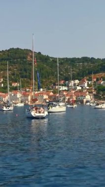 Moored yachts and and boats in the port of one of the Croatian islands on a sunny summer day. Vertical Video