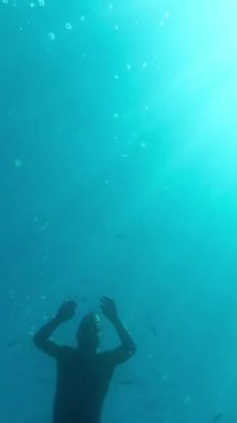 Bir adam yüzeyde yüzüyor ve sonra denizin derinliklerine dalıyor. Suyun altından bak. Dikey Video