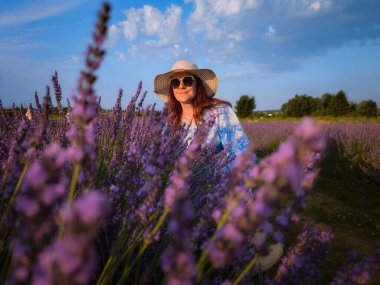 Mavi giyinmiş zarif bir bayan lavanta bahçesinde dinleniyor, çiçek açan çiçekler ve yazın sakinleştirici kokularıyla çevrili.