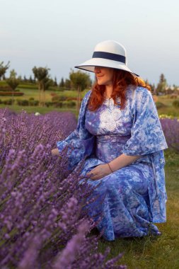 Mavi giyinmiş bir kadın, çiçek açan lavanta çiçeklerinin arasında huzur bulur. Doğal güzelliğin ve sakinliğin resimsel bir sahnesini yaratır.