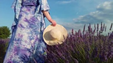 Lavanta sıralarında yürürken, güneş şapkalı bir kadın yaz gününün tadını çıkarıyor, şapkası mor çiçeklerin üzerinden kayıyor.