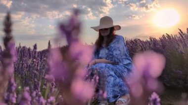 Rüzgarlı bir günde, şapkalı ve elbiseli bir kadın lavanta tarlasının ortasında oturur, esinti çiçekleri ve kıyafetlerini serin bir sahnede hışırdatır