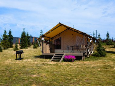 This cozy glamping building basks in the warmth of a sunny summer day. Featuring a welcoming veranda, a barbecue area, a hanging swing, and blooming flowers, it offers the perfect outdoor escape for relaxation and enjoyment clipart