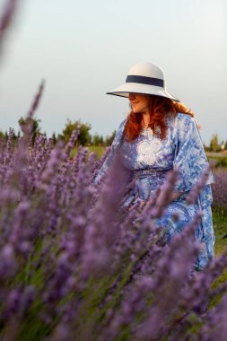 Geniş kenarlı şapkalı ve mavi elbiseli bir kadın çiçek açan lavanta tarlasında huzurlu bir yaz akşamının tadını çıkarıyor, dinginliğin ve doğal güzelliğin özünü yakalıyor.