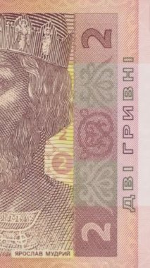 İki numaralı Hryvnia banknotunun yer aldığı Ukrayna 'nın sağ tarafına yavaşça yakınlaşmayı gösteren dikey makro video, mezhep metni ve pembe-kahverengi tonlarda karmaşık güvenlik modelleri. Dikey Video