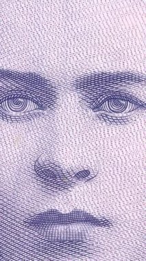 Ukrayna 200 Hryvnia banknotuna işlenmiş portrelerin detaylı makro fotoğrafları, karmaşık güvenlik modelleri, koruyucu unsurlar ve mavi-mor tonlarda sanatsal detaylar. Dikey Video