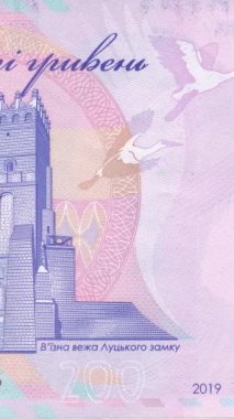 Ukrayna 200 Hryvnia banknotunda yer alan tarihi Lutsk Kalesi giriş kulesinin detaylı görüntüsü, güvenlik unsurları ve mavi ve pembe tonlarda seri numarası ile ortaçağ mimarisi sergileniyor. Dikey Video