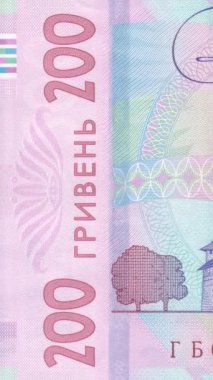 Ukrayna 'nın 200 Hryvnia banknotunun ayrıntılı yakın çekimi sol tarafta gradyan sayı dizaynını ve holografik güvenlik özellikleri mavi ve pembe tonlarda UAH yazısını gösteriyor