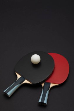 Çağdaş stüdyo, profesyonel ping pong ekipmanları sergiliyor: iki turnuva derecesinde rakip siyah ve kırmızı yüzey, ergonomik kulplar ve rekabet topu.