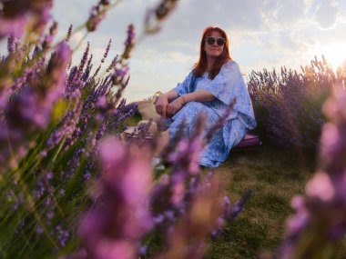 Mavi giyinmiş bir kadın, çiçek açan lavanta çiçeklerinin arasında huzur bulur. Doğal güzelliğin ve sakinliğin resimsel bir sahnesini yaratır.